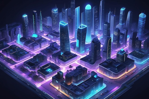 città isometrica intelligente blu ultravioletta di notte con luci La città del futuro è futuristica con grattacieli lanterne strade e case illustrazione 3D