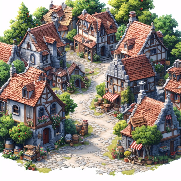 Città medievale affollata Giochi Attività Edificio e ambiente Sprite Sheet