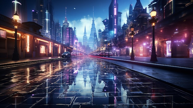 Città metropolitana cyberpunk fotorealista nella notte generata dall'AI