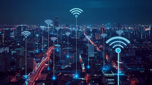 Città moderna con connessione a rete wireless e concetto di paesaggio urbano Rete wireless e concetto tecnologico di connessione con sfondo cittadino di notte