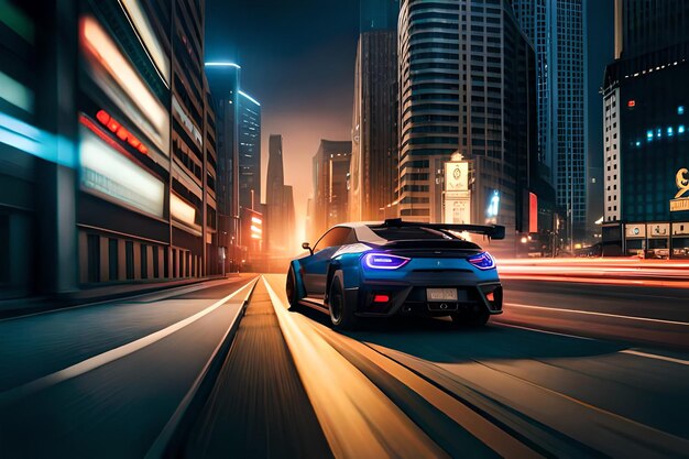 Città moderna e auto sportiva Auto in piedi su strada futuristica e illustrazione Cyberpunk della città notturna