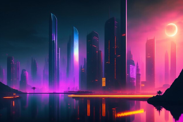 Città notturna Concetto di paesaggio Cyberpunk