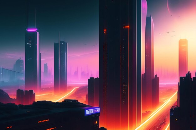 Città notturna Concetto di paesaggio cyberpunk