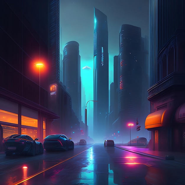 Città notturna Concetto di paesaggio cyberpunk