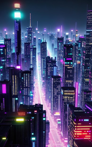 Città notturna cyberpunk dall'alto Illustrazione AI generativa