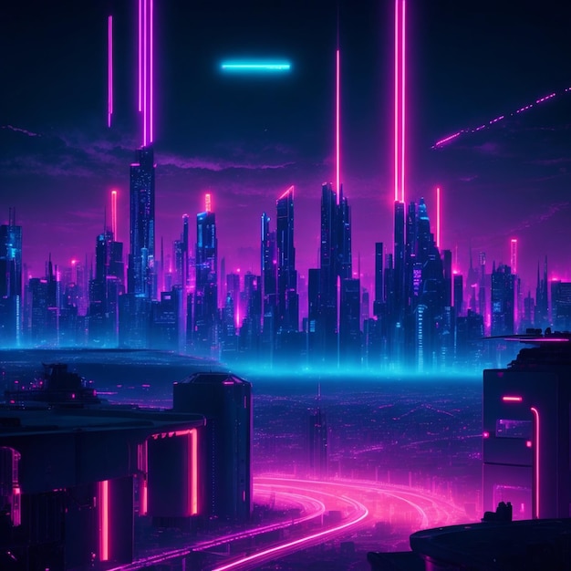 città notturna futuristica in lontananza luminosa di luce al neon