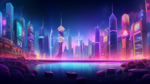 Città notturna futuristica Paesaggio cittadino su uno sfondo scuro con neon viola e blu luminosi e luminosi