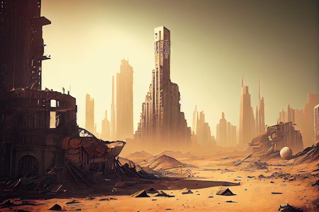 Città post-apocalittica con vista sullo skyline distrutto e edifici mancanti creati con l'IA generativa