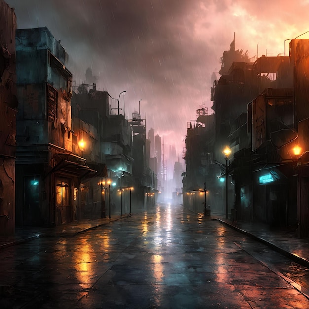 Città post apocalittica nella notte piovosa arte generativa di AI