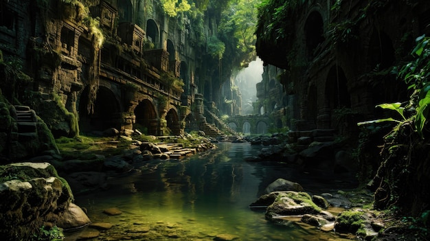 Città sotterranea sotto una lussureggiante giungla collegata da un canale d'acqua Rovine di un'antica civiltà nella giungla dei tropici