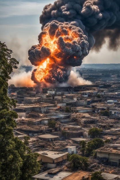 Città sotto attacco esplosione incendio persone che corrono nel traffico illustrazione apocalittica