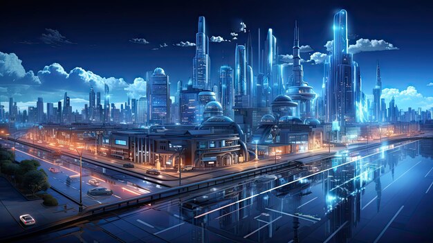 Città tecnofuturistica in stile cyberpunk