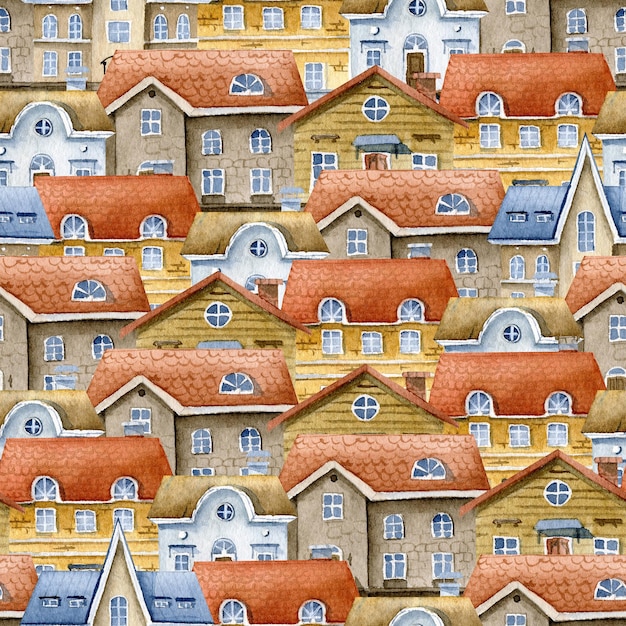 Città vecchia con case senza cuciture Illustrazione disegnata a mano dell'acquerello di edifici con tetti rossi Sfondo con città da favola per carta da imballaggio o banner Texture con strada Europa