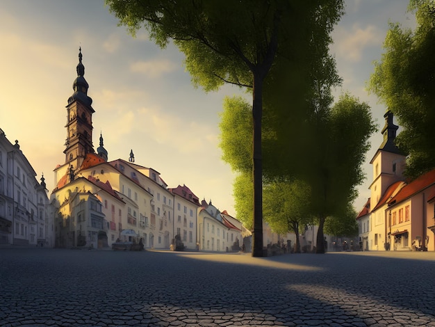 Città vecchia europea alla luce del tramonto