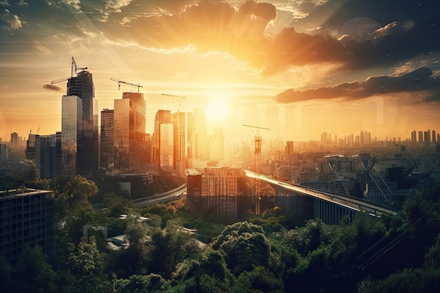 Città verde con il sole che tramonta dietro il drammatico skyline di alti edifici creati con l'IA generativa