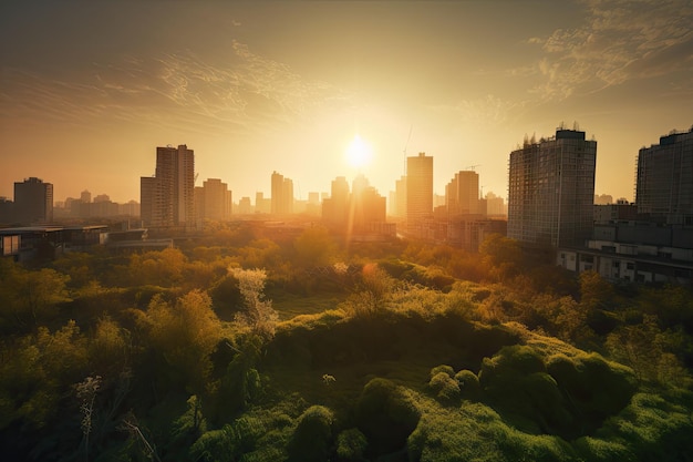 Città verde con il sole che tramonta dietro il drammatico skyline di edifici alti