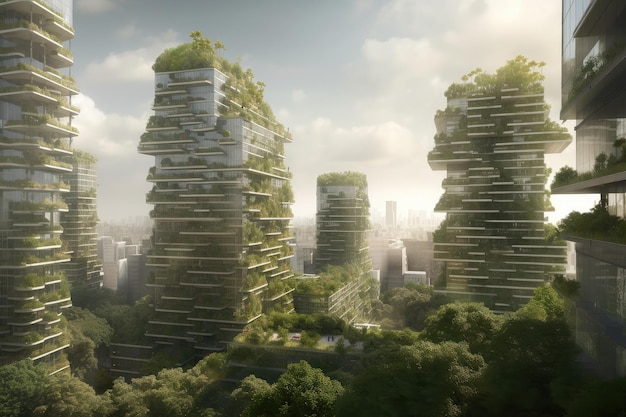Città verde del futuro con imponenti edifici verdi e infrastrutture ecocompatibili