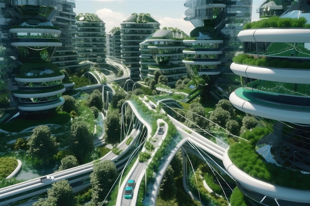 Città verde del futuro con sistema di trasporto ad alta tecnologia e auto a guida autonoma