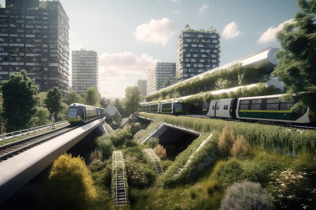 Città verde del futuro con trasporto pubblico e sistema zero rifiuti