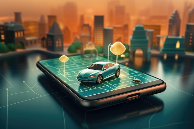 Città virtuale e auto in esso sullo schermo dello smartphone Paesaggio cittadino di realtà aumentata Utilizzo di dispositivi tecnologici in viaggio su strada per la navigazione Creato con AI generativa