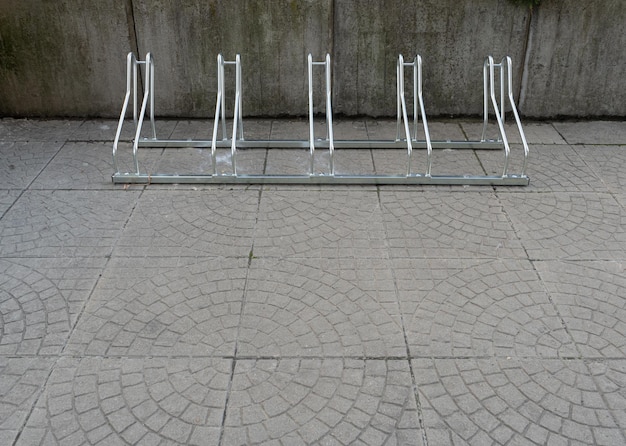 City Bicycle Parking New Bike Station Metal Shiny Modern Bike Storage Security Concept Empty Street Bicycle Parking Cycling Infrastructure