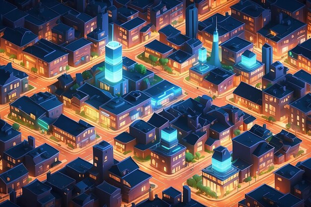 City future smart urban Isometric night lights architecture 3D illustration