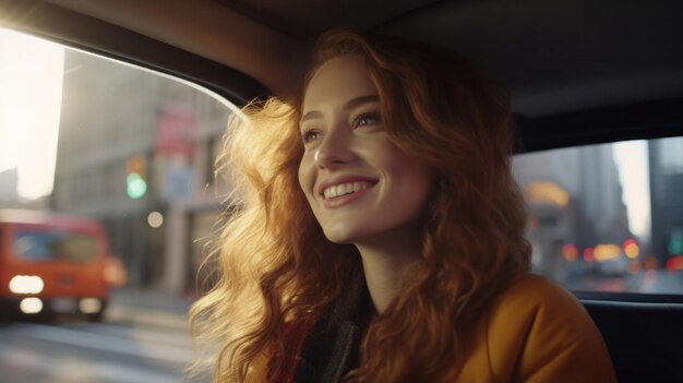 City Gaze Giovane donna gioiosa sorridente dal sedile posteriore di un taxi abbracciando la vista urbana