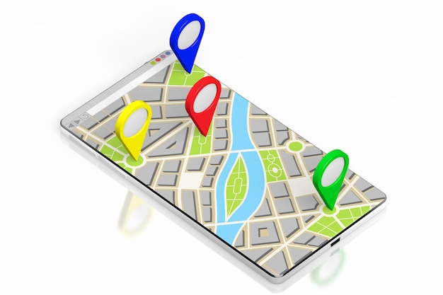 city map and destination pins on a smartphone 3d illustration