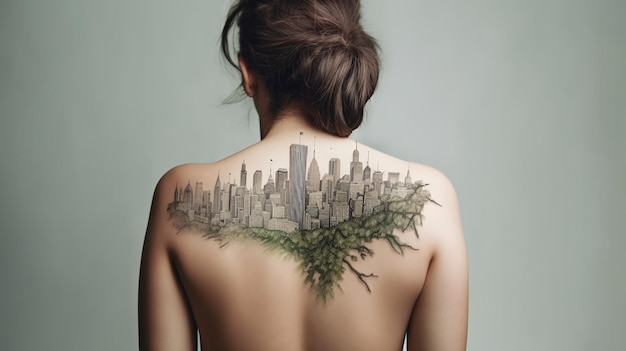 Cityscape Ink Stunning Back Tattoo of Urban Skyline sulla parte superiore del corpo della donna