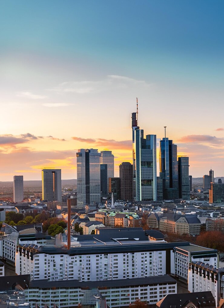 Cityscape of frankfurt covered in modern buildings during the sunset in germany