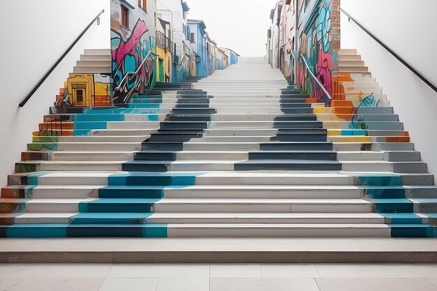 Cityscape Staircase Mural Mockup Vetrina d'arte urbana su sfondi bianchi vuoti