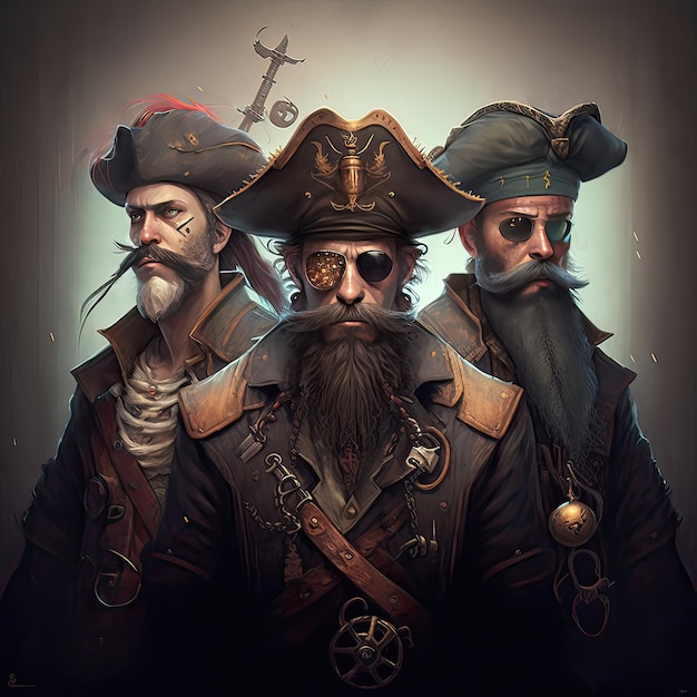 Ciurma di pirati con cappelli triangolari Rogues marinai nave pirata rum tesoro d'oro Queen Anne's Revenge persona inesistente arte ad alta risoluzione intelligenza artificiale generativa