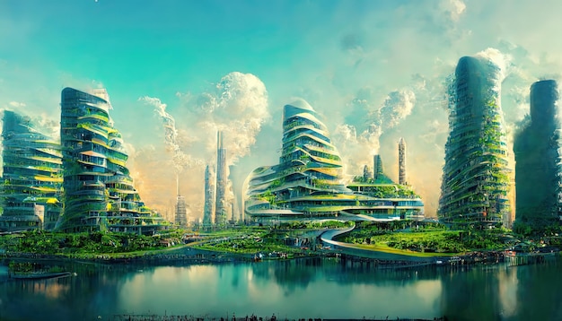 Civiltà utopica città utopica futuro dell'umanità architettura di domani mondo utopico