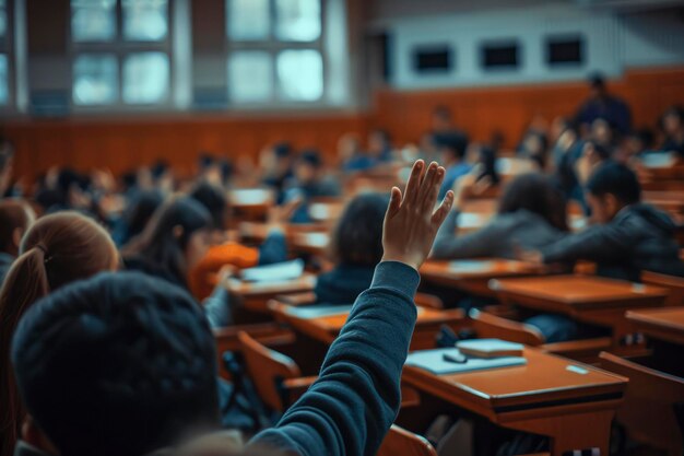 classe con scrivanie e sedie con gli studenti che alzano la mano