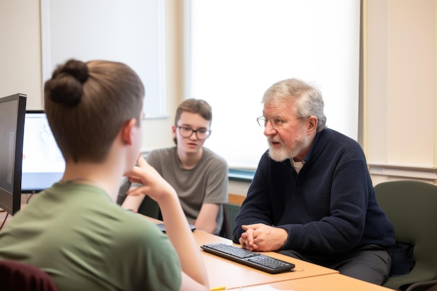 Classe di apprendimento remoto con studente professore e tutor in sessione creata con l'IA generativa