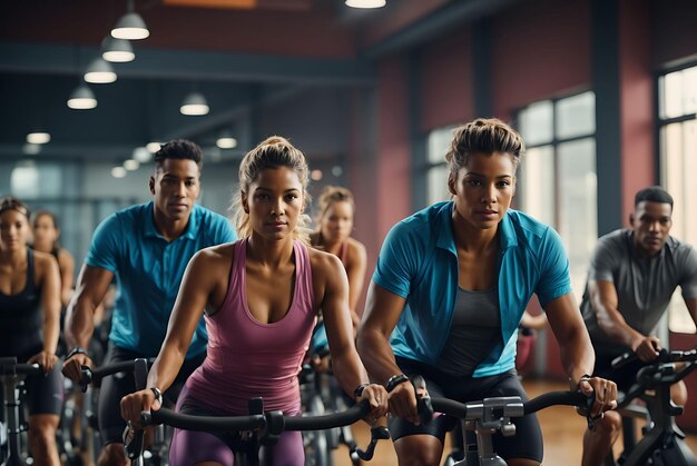 Classe di ciclismo in un club di fitness gruppo di persone in forma che girano su biciclette da ginnastica