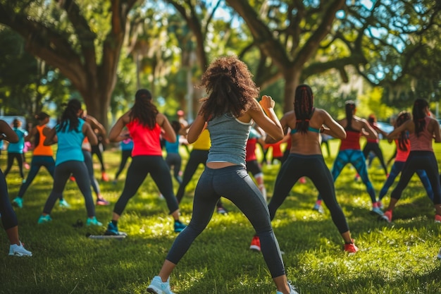 Classe di fitness all'aperto che esegue esercizi aerobici a Sunny Park con diversi gruppi di partecipanti