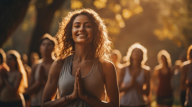 Classe di yoga che fa esercizi di respirazione al parco Belle amiche in forma che fanno esercizio di respirazione