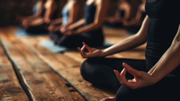 Classe di yoga in sessione con individui in pose di meditazione seduti su tappetini da yoga