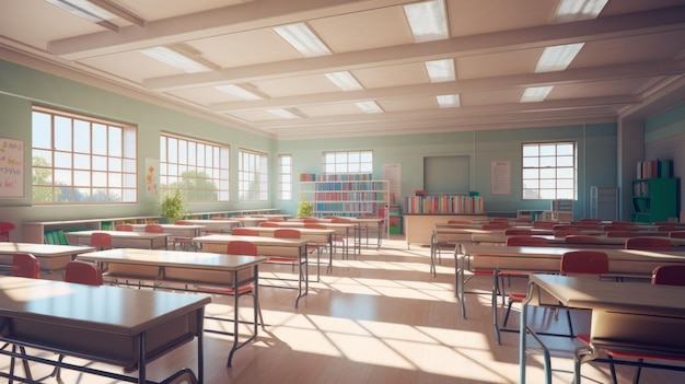 Classe generica di scuola elementare o media offline che studia rendering 3D Illustrazione digitale di una classe di scuola superiore in luce solare diretta prospettiva ortografica