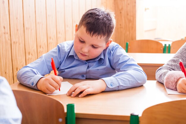 Classe scolastica al coperto, ragazzo bianco nel quaderno durante la lezione