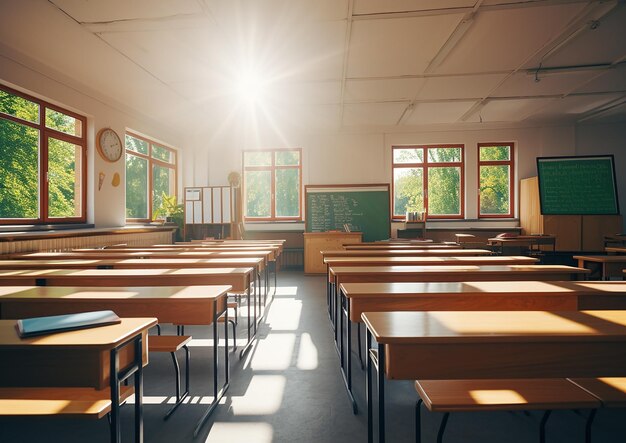 classe scolastica alla luce del giorno interno pulito con tavolo bianco cassetti sedie e tavoli finestre