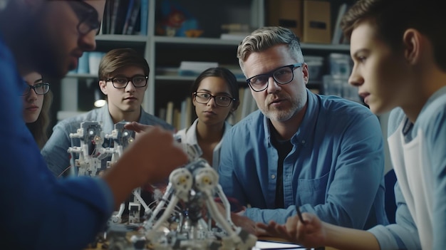 Classe universitaria di robotica insegnante maschio bianco che spiega l'ingegneria agli studenti usando il braccio robot gruppo diversificato di giovani ingegneri seduti all'università
