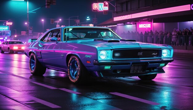 Classic American muscle car viola con luce al neon immagini scaricabili gratuitamente