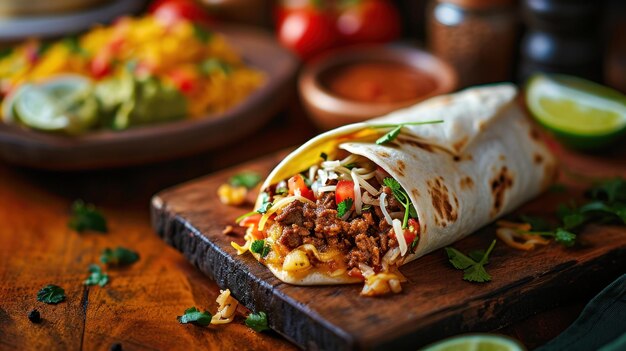 Classic Beef Burrito contro un mercato messicano sfocato