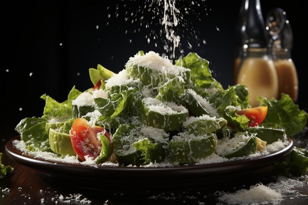 Classic Chicken Caesar Salad Dressing Versare Croutons e pepe su sfondo nero 957jpg