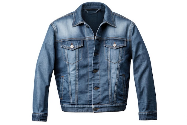 Classic Denim Jacket Ritorno di una giacca di jeans blu con bottoni abbigliamento casuale isolato su bianco