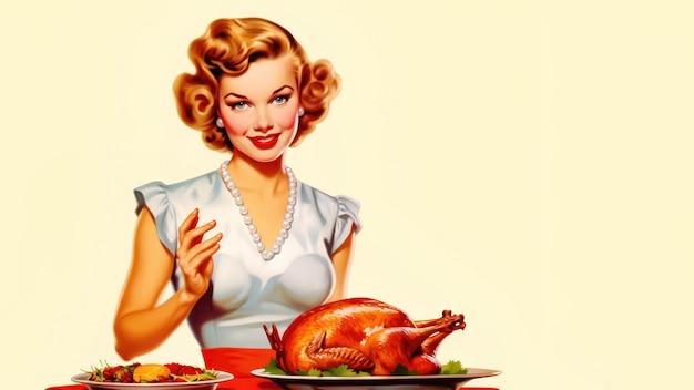 Classic Festive Meal Retro Banner con donna e uccello arrostito Generative AI