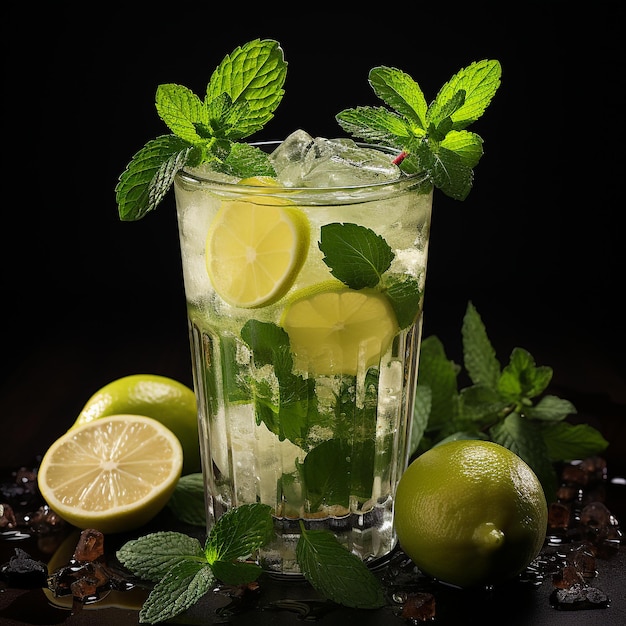 Classic mojito cocktail isolato su superficie nera