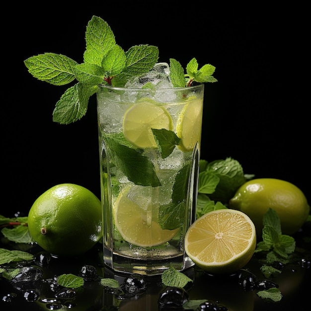 Classic mojito cocktail isolato su superficie nera